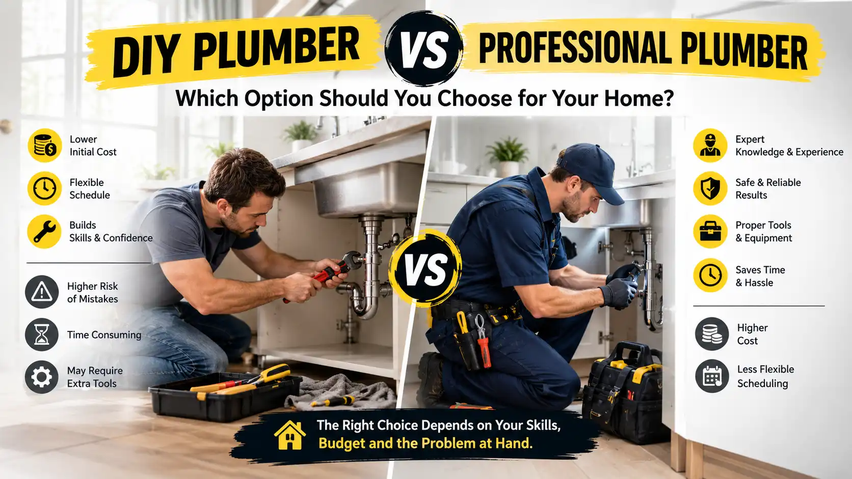 DIY plumber vs professional plumber comparing home plumbing repairs, tools, costs, and expertise.